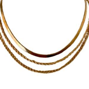 Triple Layer Gold Chain Necklace – Mixed Rope, Curby & Herringbone
